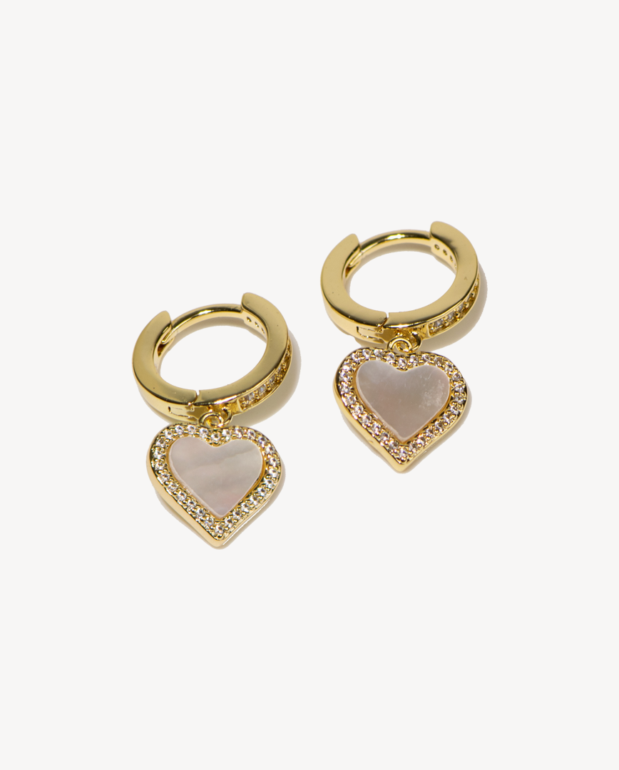 Eternal Love Gold Heart Huggies Hoops in Pearl