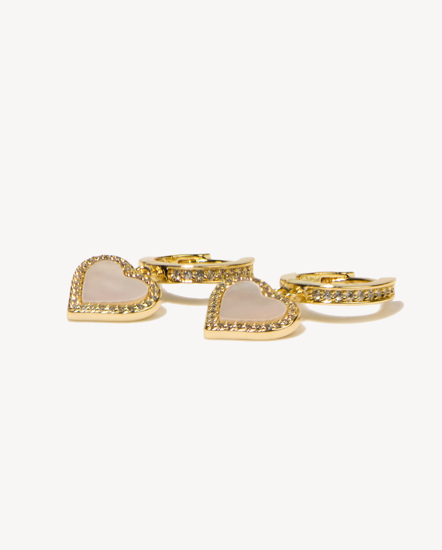 Eternal Love Gold Heart Huggies Hoops in Pearl